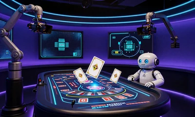 Futuristisches Live-Casino-Studio mit holografischem Roulette-Tisch und Caszilla bei Casoola