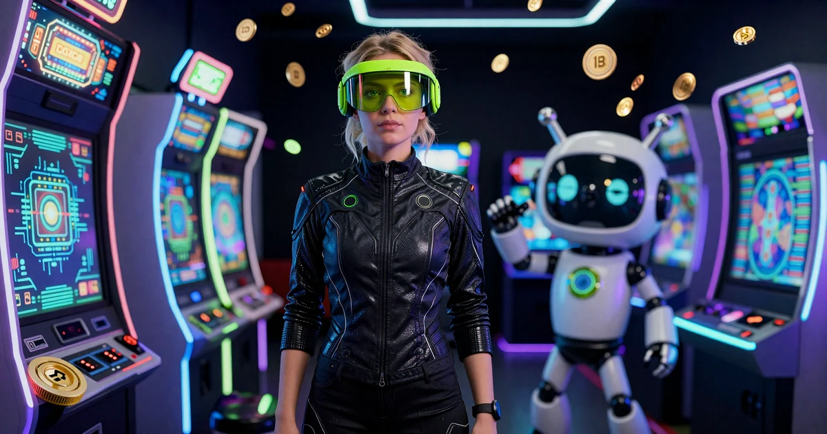 Spielerin mit neon-gr&uuml;nem Visor in Arcade-Halle mit Roboter-Maskottchen Caszilla und holografischen Slot-Maschinen bei Casoola Casino