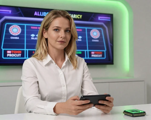 Spielerin im wei&szlig;en Hemd mit Smartphone beim mobilen Live Roulette und neon-blau-violetten Monitoren im Hintergrund beim Casoola Live Casino