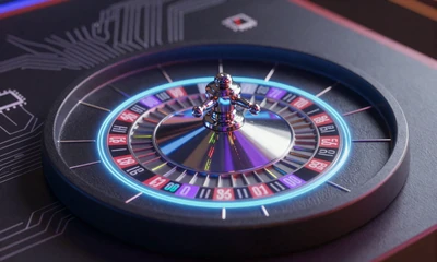 Holografisches Lightning Roulette-Rad mit neon-blau-violetten und lime-cyan Lichtspuren beim Casoola Live Casino