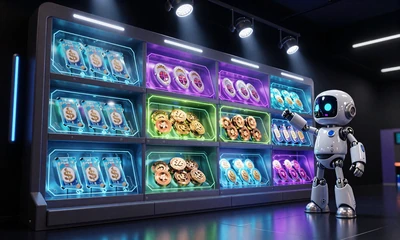 Futuristischer Bonusshop mit holografischen Freispiel-Token und Roboter Caszilla bei Casoola Casino