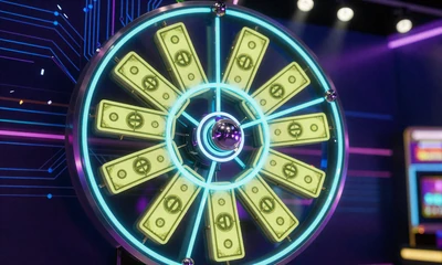 Dream Catcher Geldrad mit neon-lime-cyan und blau-violettem Gl&uuml;hen in futuristischer Game-Show-Studio-Umgebung beim Casoola Live Casino