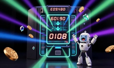 Neon-Jackpot-Tresor mit holografischen M&uuml;nzen und Caszilla Roboter bei Casoola Casino