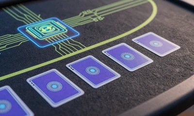 Live Poker-Tisch mit neon-blau-violetten Karten und holografischem Pot-Display beim Casoola Live Casino