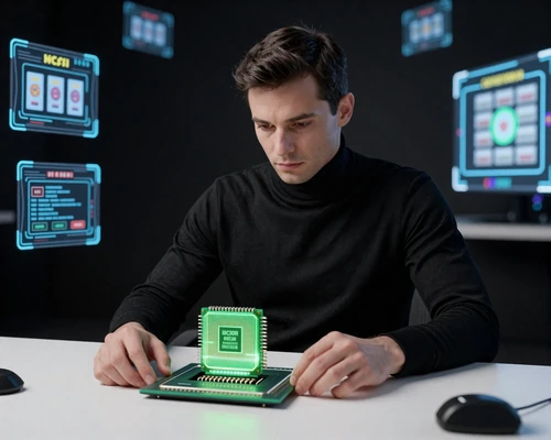 Spieler am minimalistischen neon-erleuchteten Schreibtisch mit holografischen Slot-Spiel-Bildschirmen bei Casoola Casino Demo-Modus