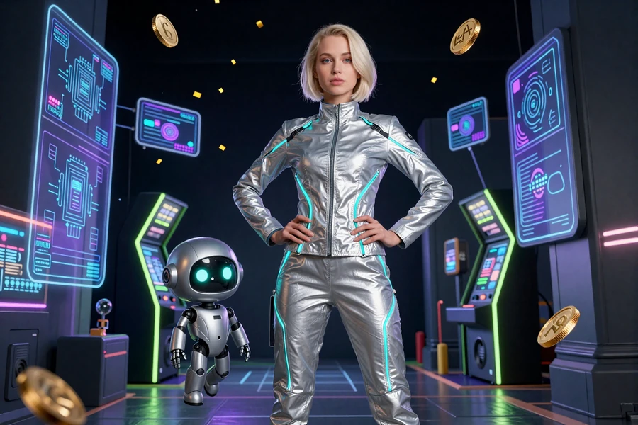 Casoola Casino Hero mit Model in Techwear und Roboter-Maskottchen Caszilla in neon-erleuchteter Bot-Town