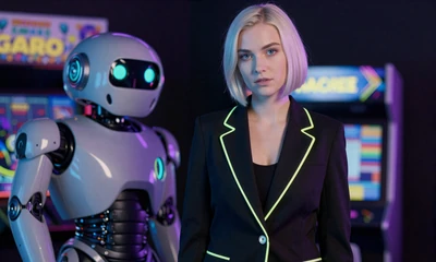 Spielerin in schwarzem Blazer mit lime-cyan LED-Besatz beim dritten und vierten Casoola Bonus