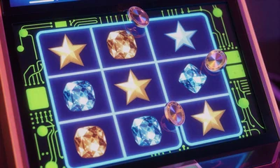 Neon-erleuchtete Starburst Slot-Maschine mit holografischen Edelsteinen bei Casoola Casino
