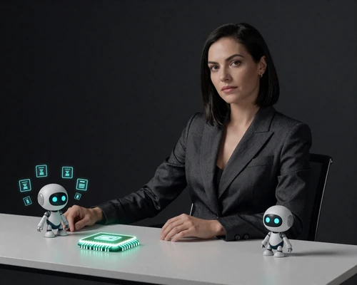 Spielerin im Anzug am minimalistischen Schreibtisch mit neon-cyan Mikrochip und Roboter Caszilla bei Casoola Casino