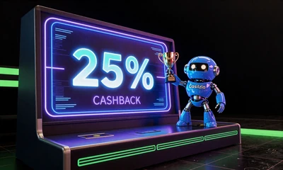Holografisches Live-Casino-Cashback-Display mit 25% Cashback-Meter und Roboter Caszilla bei Casoola