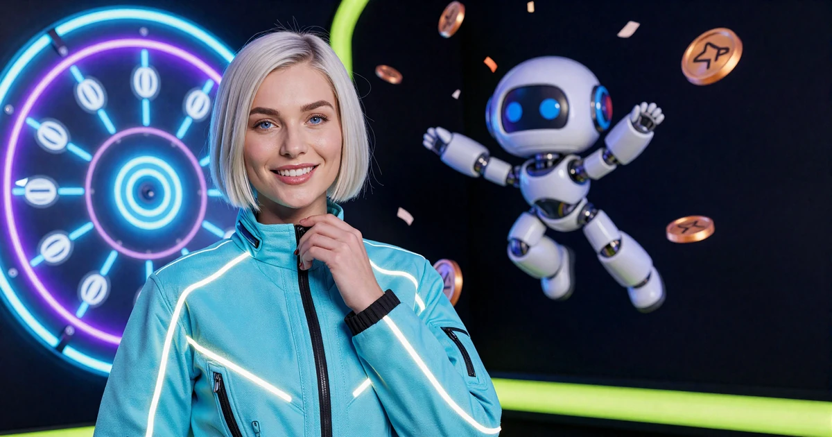 Casoola Casino Bonus Hero mit Model in neon-cyan Techwear-Jacke vor holografischem Bonusrad und Roboter-Maskottchen Caszilla