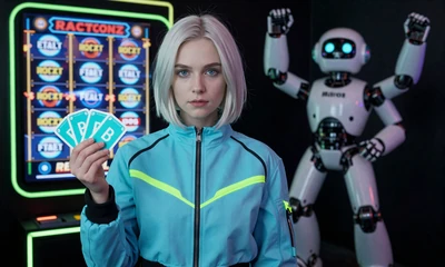 Spielerin mit leuchtenden Freispiel-Token und holografischem Reactoonz-Slot-Display bei Casoola