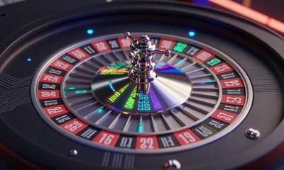Auto Roulette Rad mit holografischen neon-lime-cyan Daten-Overlays beim Casoola Live Casino