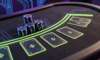 Online Blackjack-Tisch mit neon-lime-cyan Karten und holografischen Chip-Stapeln beim Casoola Live Casino