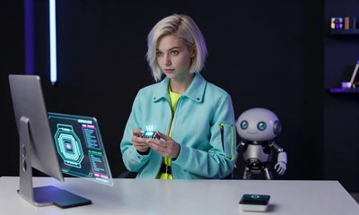 Spielerin mit neon-cyan Mikrochip am minimalistischen Schreibtisch beim ersten Casoola Willkommensbonus