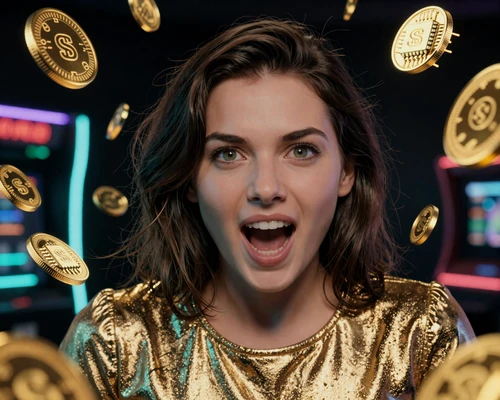 Spielerin in metallic-goldenem Top mit schwebenden neon-M&uuml;nzen und Mikrochips bei Casoola Casino Jackpot-Spielen