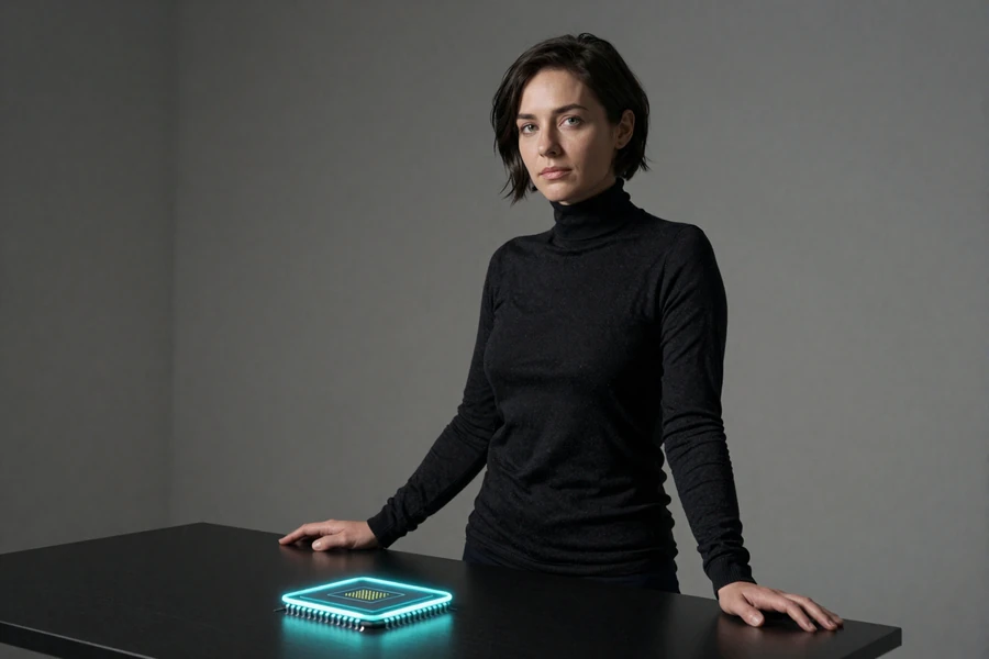 Frau im schwarzen Rollkragenpullover am minimalistischen Schreibtisch mit leuchtendem neon-cyan Mikrochip bei Casoola Casino