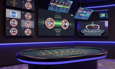 Evolution Gaming 4K Live-Studio mit holografischen Displays und neon-blauen Lichtern beim Casoola Live Casino