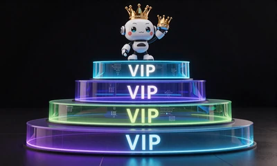 Holografisches VIP-Level-Fortschritts-Display mit f&uuml;nf neon-leuchtenden Stufen und Roboter Caszilla bei Casoola