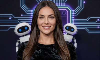 Model in schwarzem Samtkleid mit neon-blauen Mikrochip-Hintergrund beim Casoola Willkommensbonus