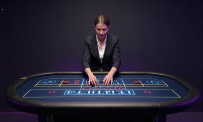 Ezugi Live Baccarat Studio mit holografischen Daten-Overlays und neon-blau-violettem Gl&uuml;hen beim Casoola Live Casino