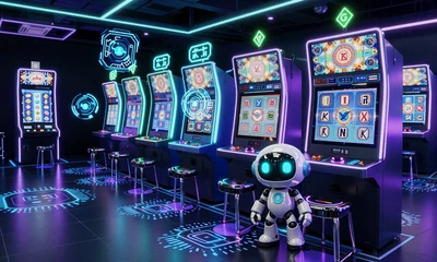 Neon-erleuchtete Slot-Maschinen-Halle mit Roboter-Maskottchen Caszilla bei Casoola Casino